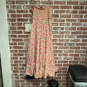 J.Crew Floral Smocked Tie-Strap Maxi Dress L Cotton Tiered Ruffle Hem Summer